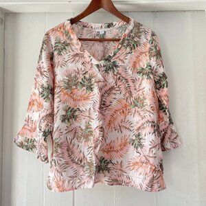 J Jill Love Linen Petite Small Tropical Floral 3/4 Sleeve V Neck Pink Peach Top